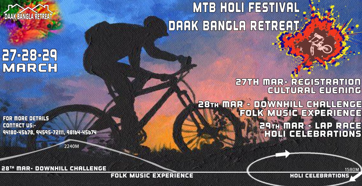 Dak_Bangla's tweet photo. Celebrate Holi with a difference ....at daak bangla retreat...
Cycle.. music.. culture.. attractive prizes..
27th March to 29th March 2021 MTB holi festival
Daak bangla retreat for more details contact us:- 9418045678, 9459572111,01772674667, 
#mtbholifestival
#daakbangaretreat https://t.co/RCpbxvR0zN