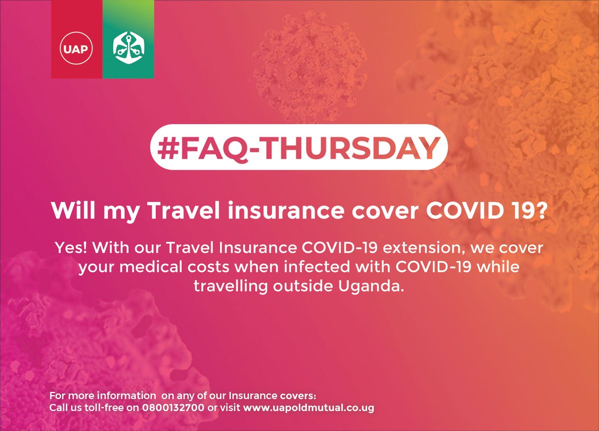 OldMutualUganda's tweet photo. Our Travelsure insurance extension policy covers your medical costs if infected with Covid-19 while travelling outside Uganda. For more information on our Travelsure Insurance cover, call us toll-free on 0800132700 or visit https://t.co/AHt124sOAQ
#FAQThursday https://t.co/KtVyObrWVB