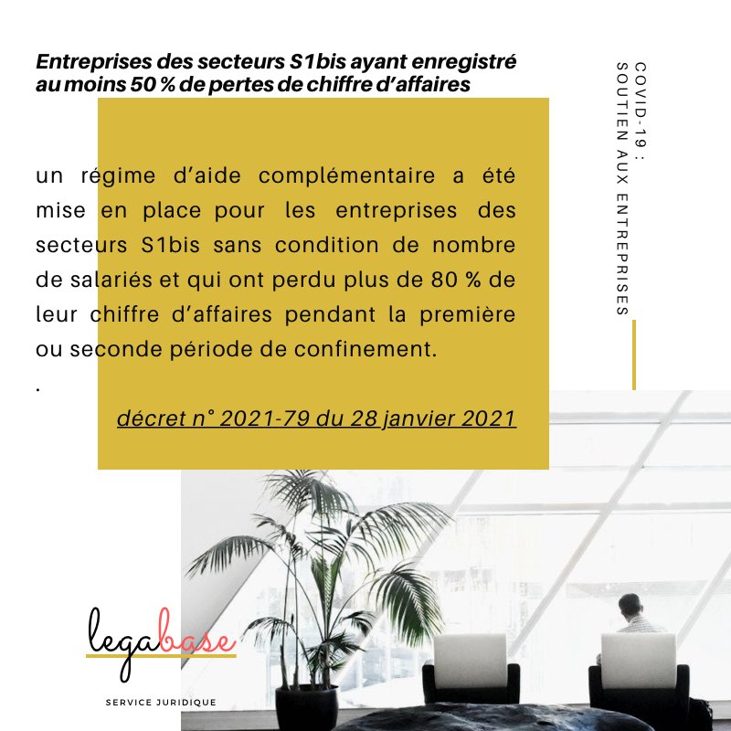 LegabaseF's tweet photo. Mesure covid : les entreprises des secteurs S1bis ayant enregistré au moins 50 % de pertes de chiffre d’affaires 🦠🏢🚨

Un régime d’aide a été mise en place pour le mois de décembre pour les entreprises des secteurs S1bis sans condition de nombre de salariés 
#mesurecovid https://t.co/ZDl2wE7Xzg