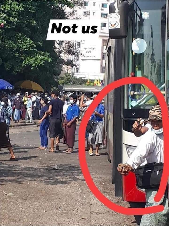 MyKyaw13's tweet photo. Myanmar Military Juntas hired them with 5,000 Ks per day for a person to create VIOLATION against Myanmar Police Force and to deceive UN and the world that Burmese people do so.

Remember we never violate. We protest peacefully. If you see Violation, it's not us. https://t.co/JvyvakgFMU