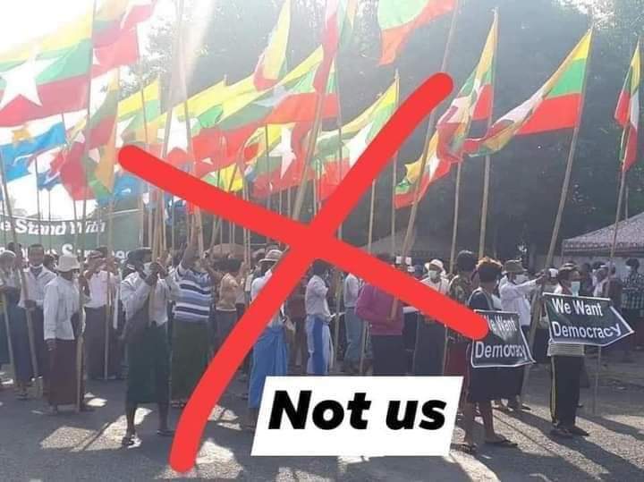 MyKyaw13's tweet photo. Myanmar Military Juntas hired them with 5,000 Ks per day for a person to create VIOLATION against Myanmar Police Force and to deceive UN and the world that Burmese people do so.

Remember we never violate. We protest peacefully. If you see Violation, it's not us. https://t.co/JvyvakgFMU