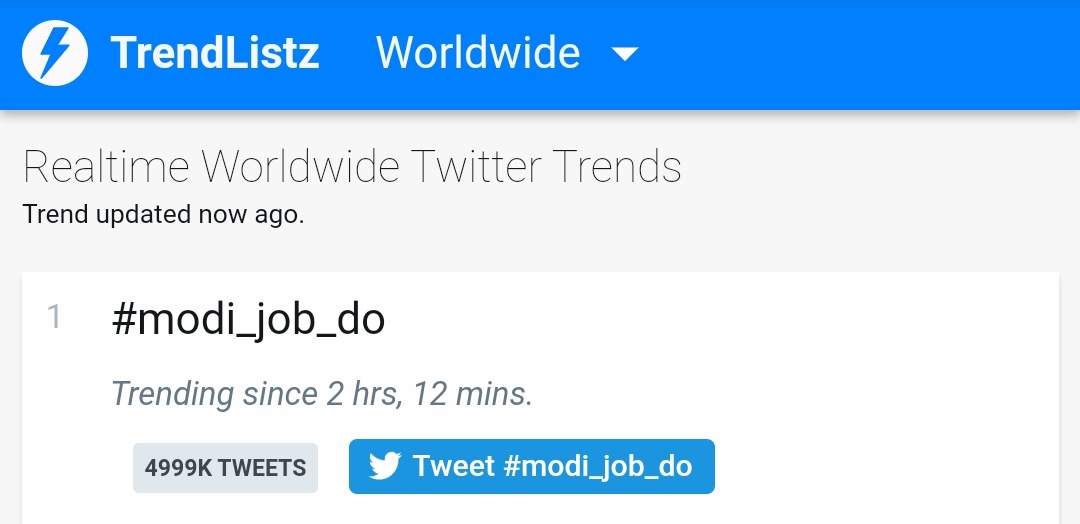 BinayB2's tweet photo. #modi_job_do trends at no.1 in world
Do Support this campaign with your tweet and retweets. 
#मोदी_रोजगार_दो 
#modi_rojgar_do 
#modi_job_do https://t.co/yncGiKj20L