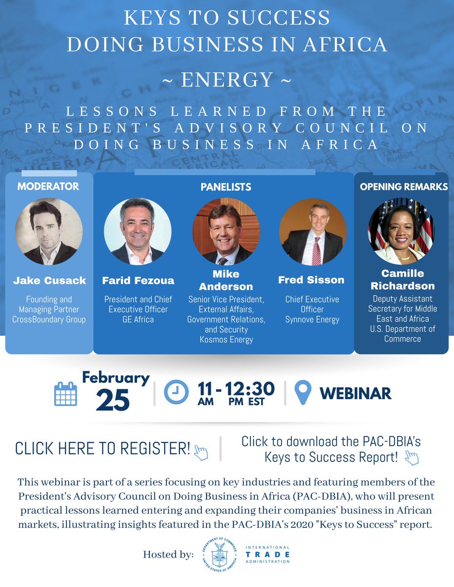 What are the keys to business success in Africa's energy sector? Join our co-Founder &amp; Managing Partner, <a href="/jakecusack/">Jake Cusack</a> today at 11 am EST, as he moderates a discussion with fellow members of the President's Advisory Council on Doing Business in Africa. bit.ly/3uia22O