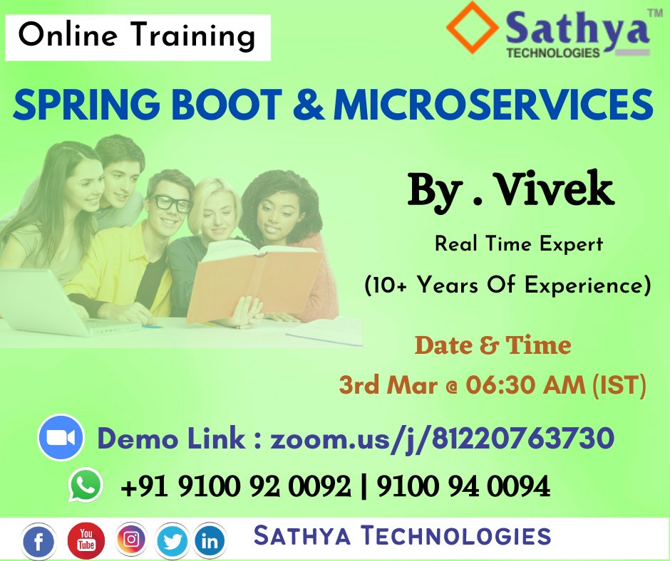 SATHYATECHNOLOG's tweet image. SathyaTech Invites You New Online Batch (Spring Boot & Microservices) By Mr. Vivek (Real Time Expert) 03rd Mar @ 06:30 AM (IST)
Click Here : bit.ly/3smus9d
Contact : 9100920092,9100940094
Website : sathyatech.com/online-schedul…
#spring #springboot #springbootmicroservices