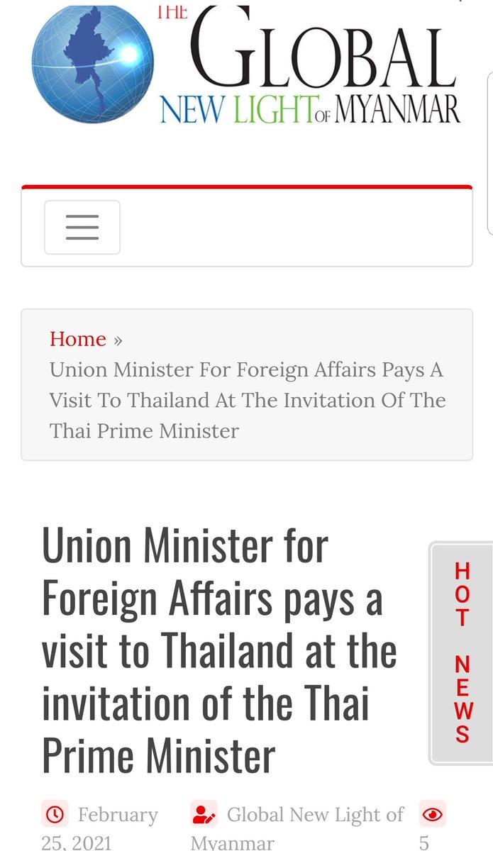MayWongST's tweet photo. Interesting #Myanmar's state paper ran a headline &amp; in story that says its Foreign Minister Wunna Maung Lwin visited #Bangkok on Feb 24 at the "invitation" of #Thailand #PM #Prayut. I have confirmed with Thailand foreign ministry Thai PM did no such thing #WhatsHappeningInMyanmar https://t.co/vHnRntOs5v