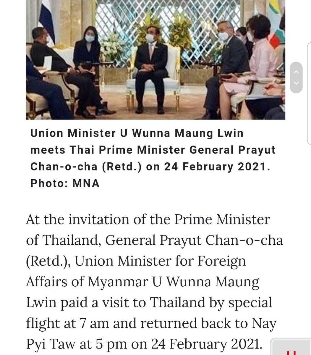 MayWongST's tweet photo. Interesting #Myanmar's state paper ran a headline &amp; in story that says its Foreign Minister Wunna Maung Lwin visited #Bangkok on Feb 24 at the "invitation" of #Thailand #PM #Prayut. I have confirmed with Thailand foreign ministry Thai PM did no such thing #WhatsHappeningInMyanmar https://t.co/vHnRntOs5v