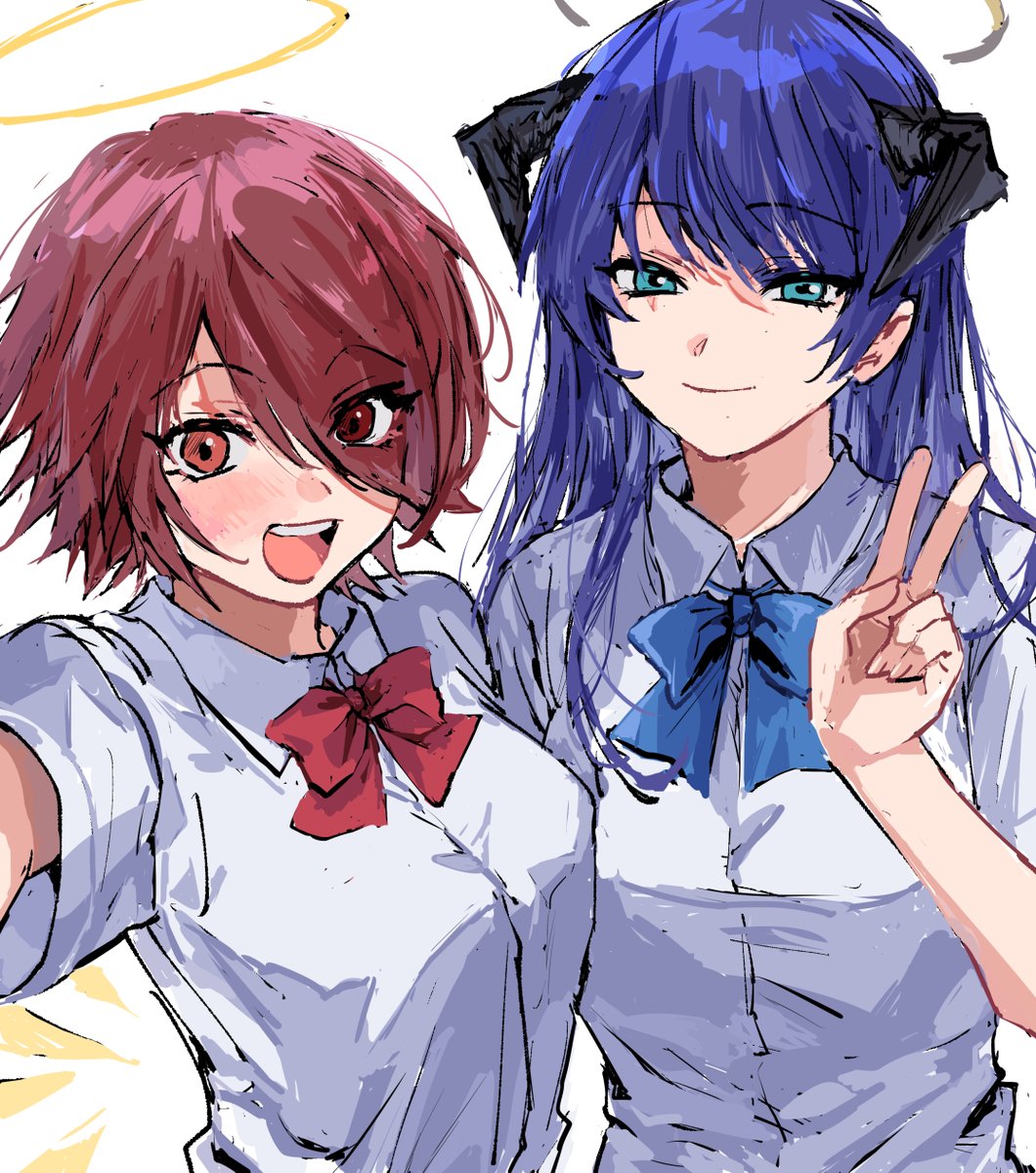 exusiai (arknights) ,mostima (arknights) multiple girls 2girls halo blue hair shirt v horns  illustration images