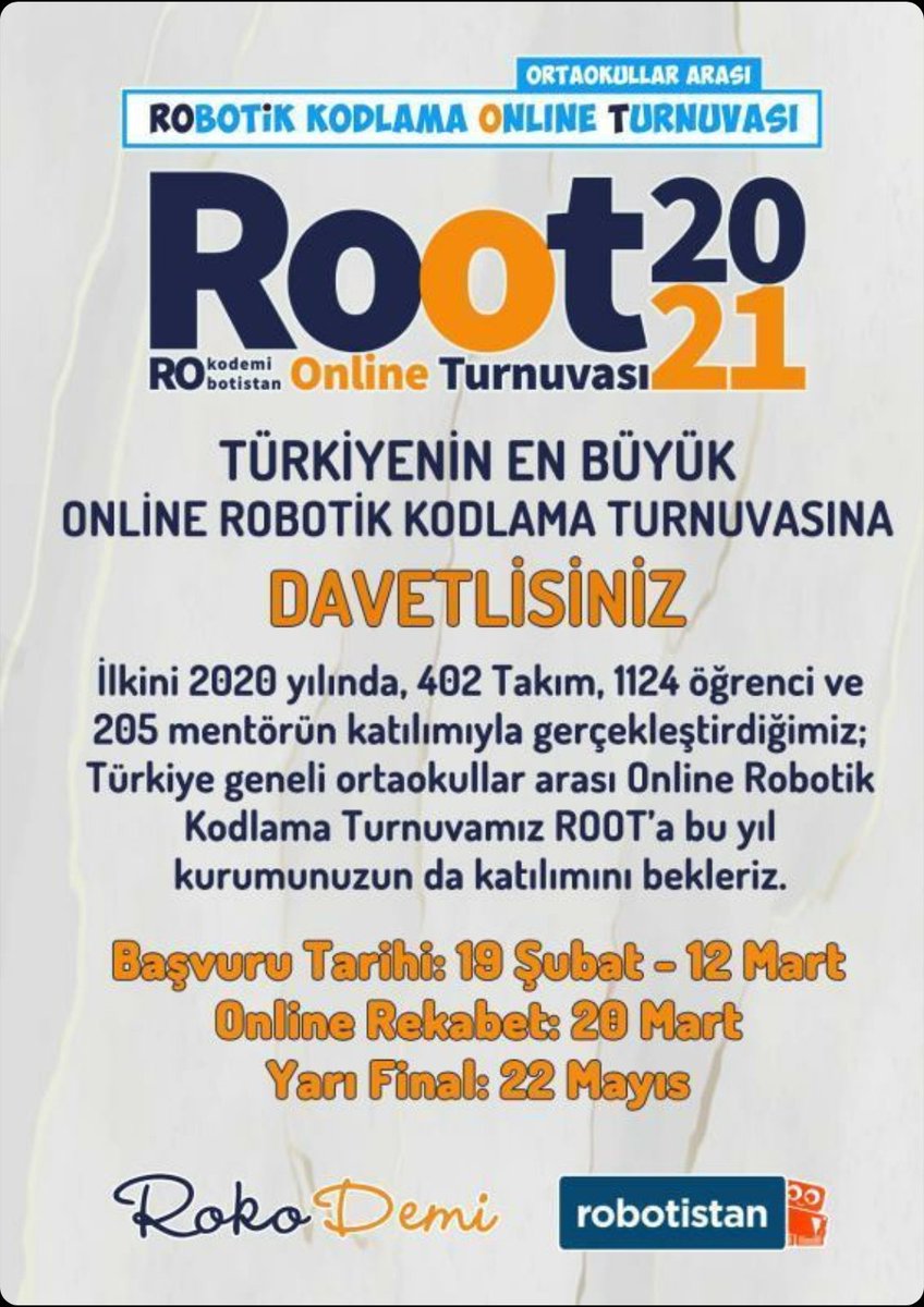 teknogretmenler's tweet photo. ONLINE ROBOTİK TURNUVASI Root2021'E BASVURULAR DEVAM EDİYOR.
❗SON KATILIM TARİHİ: 12.03.2021❗

#rootyarışma #root2021 #rokodemi #robotistan #onlineyarışma @rokodemi https://t.co/qsr90zHXEo