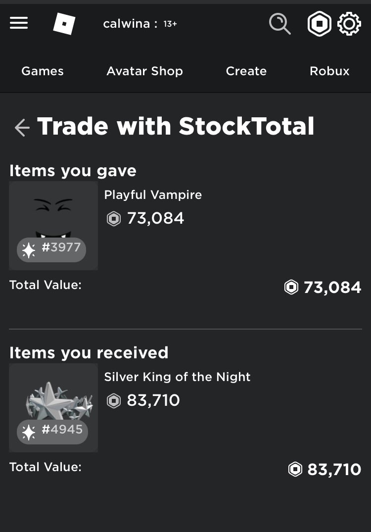 Calwiener's tweet photo. Good job Roblox...
Going public but can’t even make a functioning trading system 😬
(The dude got my PV but I didn’t get the SKOTN)
Guess that’s 100k down the drain https://t.co/jI2dOfKn24