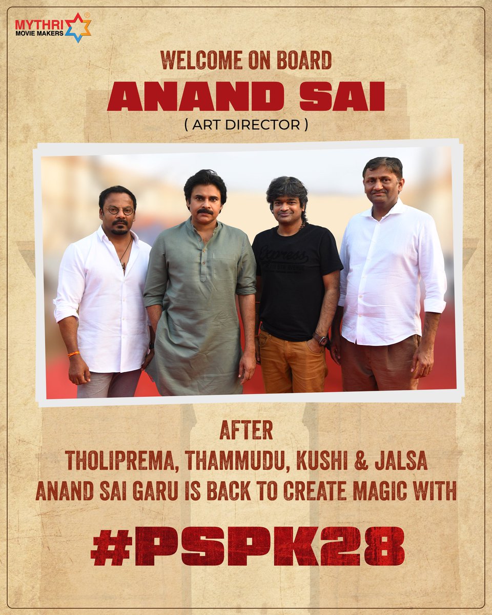 MythriOfficial's tweet photo. Magnificent Art Director Anand Sai garu is back to Cinema after dedicating his 5 years of craftsmanship for Yadadri Temple - The Pride of Telangana!

Welcome on board Anand Sai garu for #PSPK28 💥💥

Power Star @PawanKalyan @harish2you @ThisIsDSP @DoP_Bose https://t.co/tWe8b0hgyA