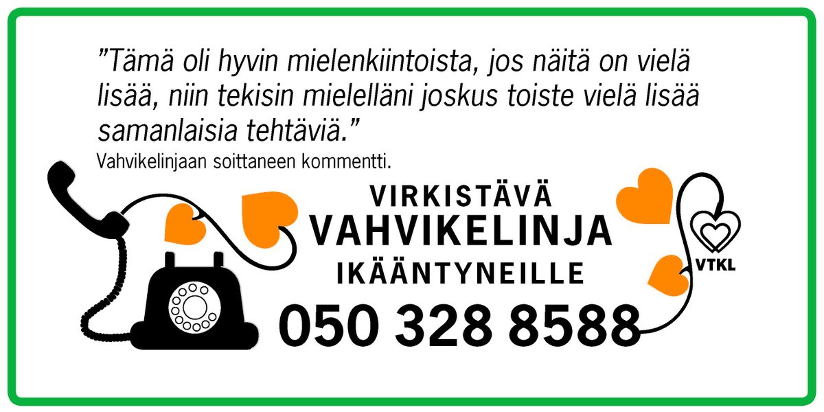 VTKL10's tweet photo. Uudet innokkaat #Vahvikelinja vapaaehtoisemme odottavat iäkkäiden puheluita kiinnostavien aktiviteettien kera. Soita 050 328 8588, ma, ti tai su klo 13-15. #ArvokasVanhuus https://t.co/CxyOlr8Pna