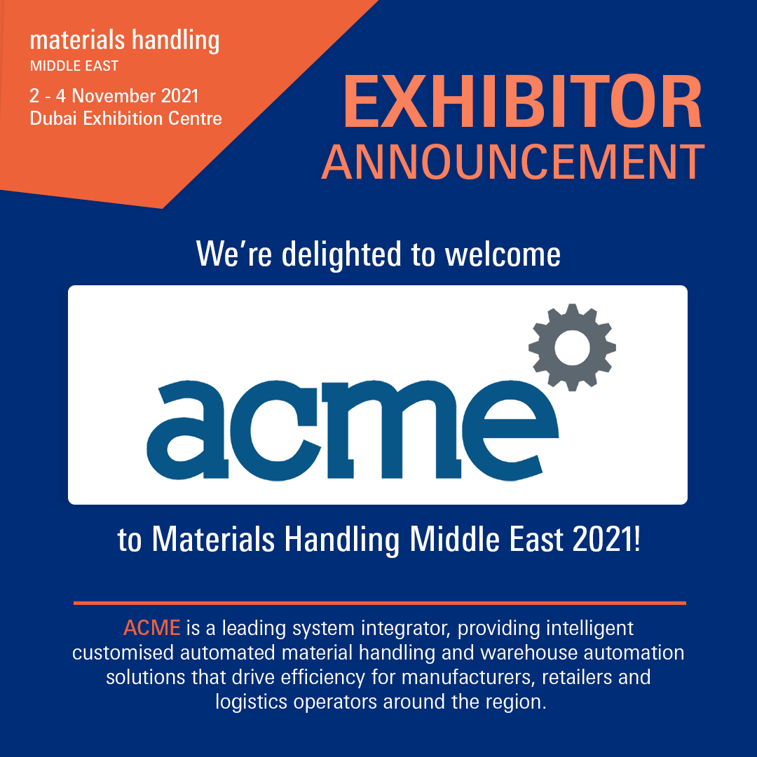 materialshandME's tweet image. 📢 @acmedubai, a leading #systemintegrator, providing intelligent customised #automatedmaterialhandling &amp;amp; #warehouseautomation solutions joins #MaterialsHandlingME, taking place from 2–4 Nov. 2021 at the Dubai Exhibition Centre. Stay tuned for more updates buff.ly/3m15YPP