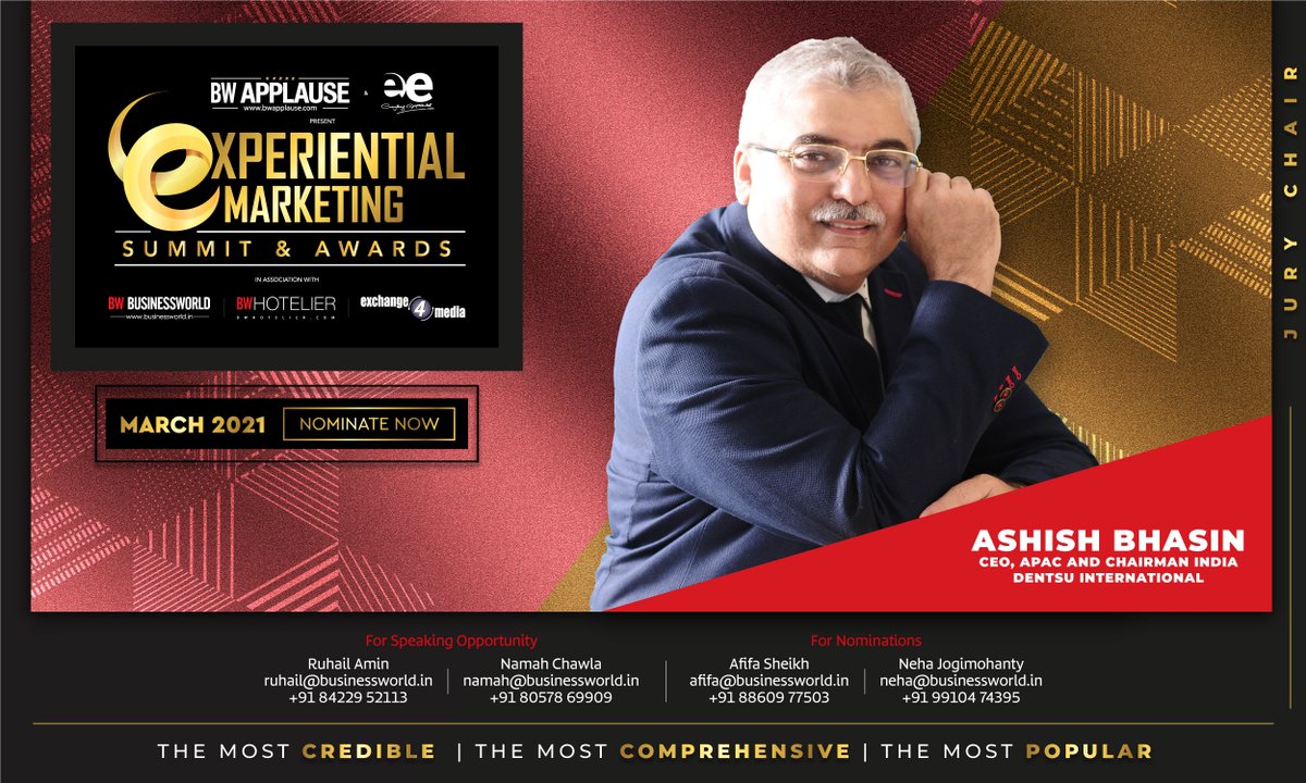 EverythingExp's tweet photo. Welcoming our Esteemed Jury Chair Mr Ashish Bhasin, CEO APAC & Chairman India, Dentsu International to the 4th edition of BW Applause & EE Experiential Marketing Awards 2021
@ashishbhasin1 @dentsuXIndia @anuragbatrayo
#JuryChair #jury #events #emcees #awards #bwee https://t.co/CBtJmKT1xM