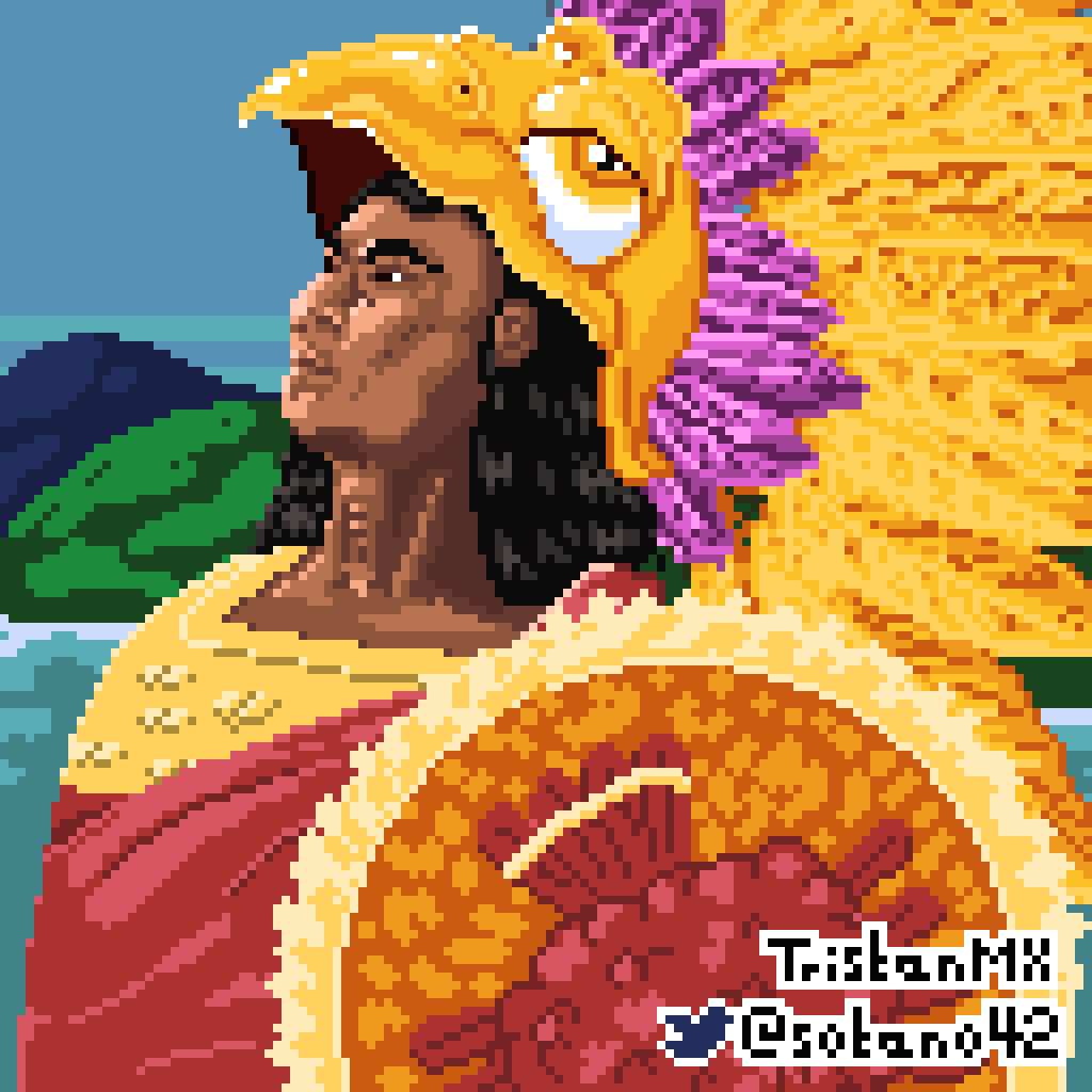sotano42's tweet photo. To celebrate Mexico's flag day, I drew this Aztec warrior as a practice, but it turns out that I'm really happy with the outcome. I wish I had projected a more pride look like the reference. #indiedev #gamedev #pixelart #DiaDeLaBandera #PixelPerfectStudio https://t.co/LGp2IDFeiu