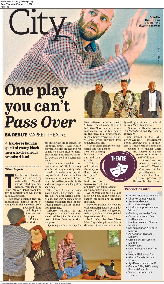 MarketTheatre's tweet photo. This is a play you cannot Pass Over ! Poignant and particular in its Position. If You want to see theatre that is not only entertaining but is exhilarating and will leave you feeling things you didn’t expect. You NEED to see this show: https://t.co/D3WClC6iZh https://t.co/j0iWxfo6LR