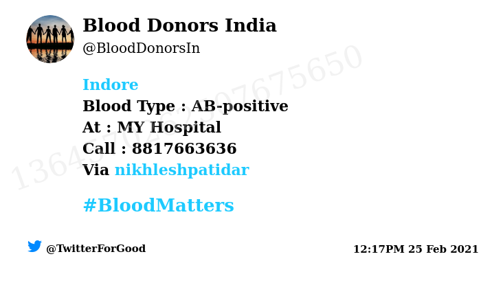 BloodDonorsIn's tweet photo. #Indore
Need #Blood Type :  AB-positive
At : MY Hospital
Blood Component : Blood
Number of Units : 4
Primary Number : 8817663636
Illness : Brain tumor
Via: @nikhleshpatidar
#BloodMatters
Powered by Twitter https://t.co/yppcpmALF2