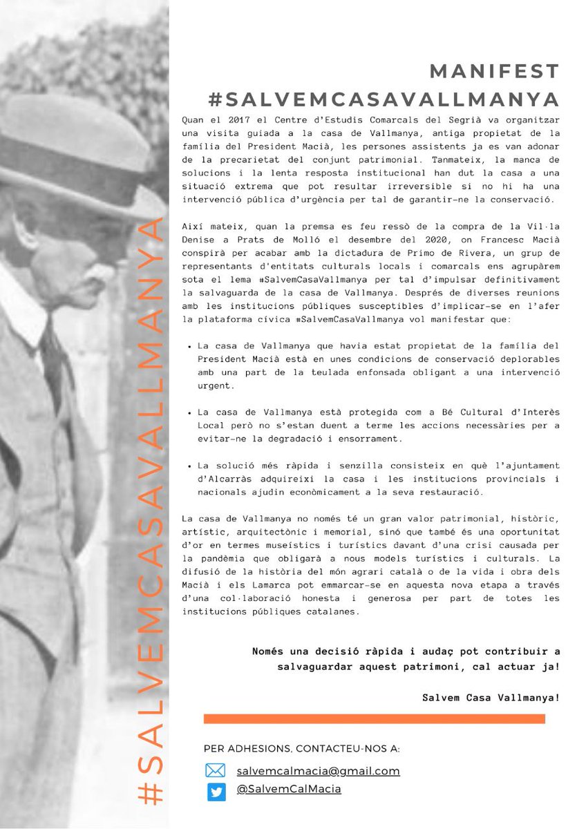 [1]Com a CUP Alcarràs ens adherim al manifest de <a href="/SalvemCalMacia/">#SalvemCasaVallmanya</a>  per salvar la casa de Vallmanya. Animem a tots els veïns i veïnes a adherir-se. Per la memòria i el patrimoni històric local i nacional!