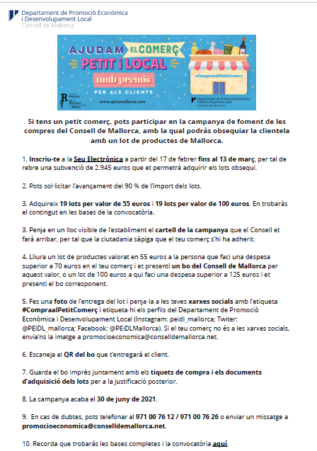 📣AYUDAS AL PEQUEÑO COMERCIO

El @PEiDL_mallorca te subvenciona para que puedas adquirir lotes y premiar a 38 personas que hagan un gasto mínimo de 70eu en tu negocio 

Más información:  ajutsmallorca.com (hasta el13 de marzo)
 #CompraalPetitComerç #MallorcaReacciona