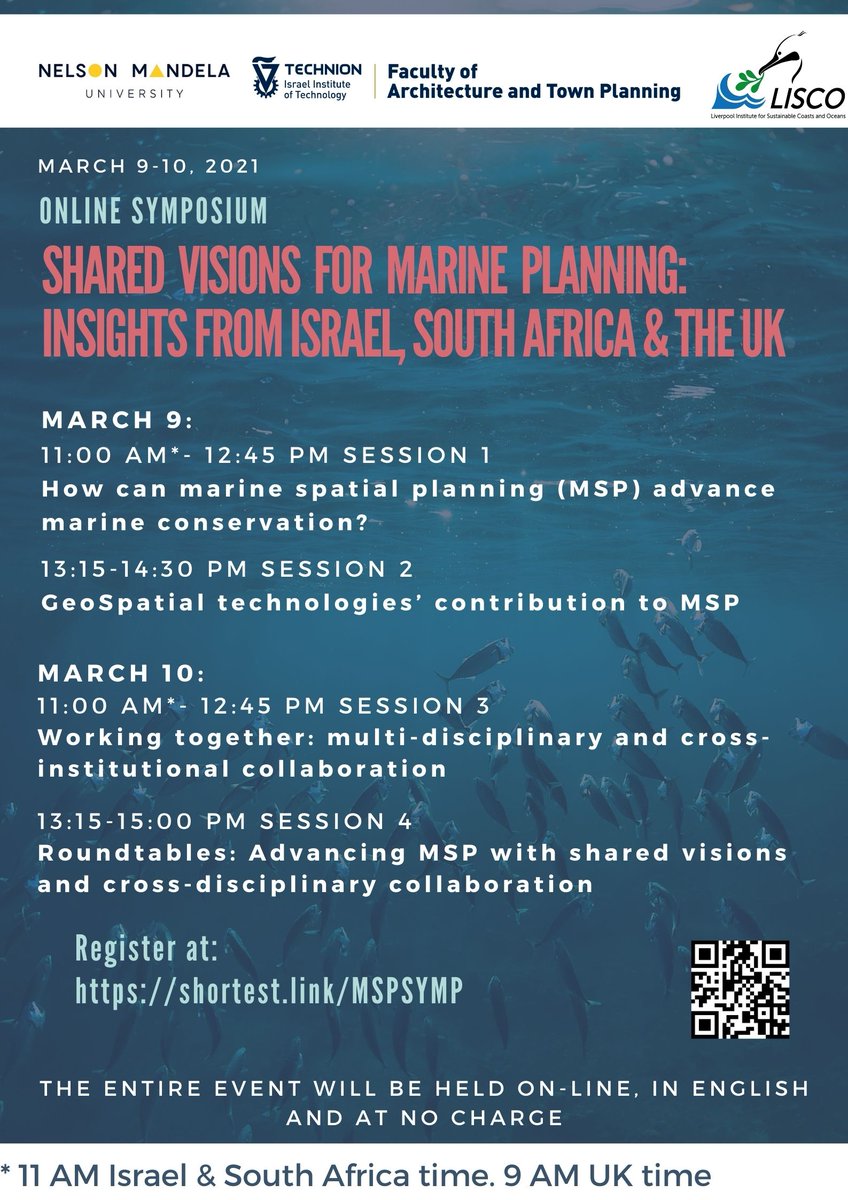 'Shared visions for marine planning: Insights from Israel, South Africa and the UK.' 

Free online symposium on 9-10 March; register at: shortest.link/MSPSYMP 

#MSP #marineplanning
