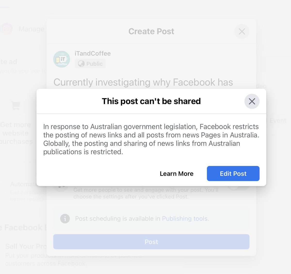 Cut off by Facebook! Apparently iTandCoffee is considered a news organisation. Wrong! Just a small business sharing its own articles and other tech articles, providing tips and promoting our services. #facebooknewsban #FacebookAustralia #facebookdisabledme