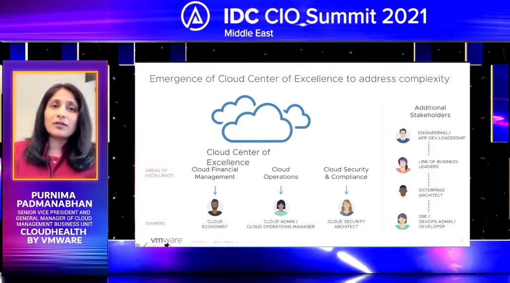 IDCMEA's tweet photo. The emergence of the #cloudcenter of excellence to address the complexity issues in the evolving times shares Purnima Padmanabhan, Senior Vice President and General Manager of Cloud Management Business Unit, CloudHealth by @VMware #IDCMECIO #IDCDigital https://t.co/TjTGARgcJO