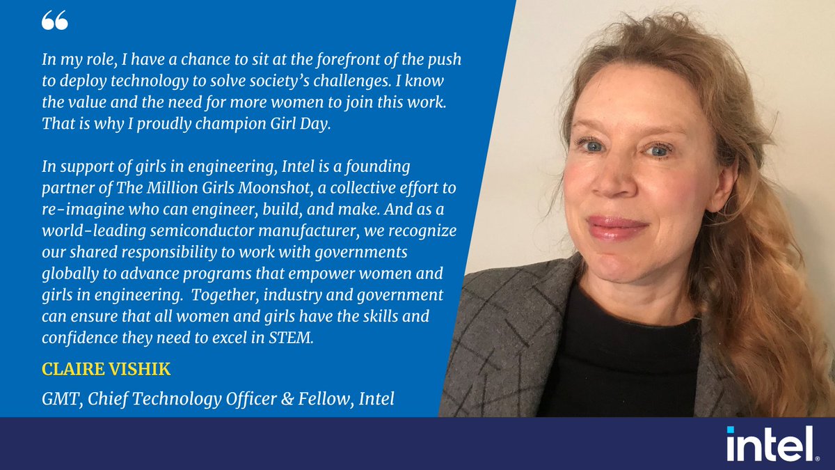 IntelPolicy's tweet photo. Claire Vishik, Intel’s Governments, Markets, and Trades Chief Technology Officer, and Fellow celebrates Girl Day, a day where we stand united in our commits to engage girls around the world in engineering. #GirlDay2021 #MillionGirlsMoonshot https://t.co/giILurfb1A