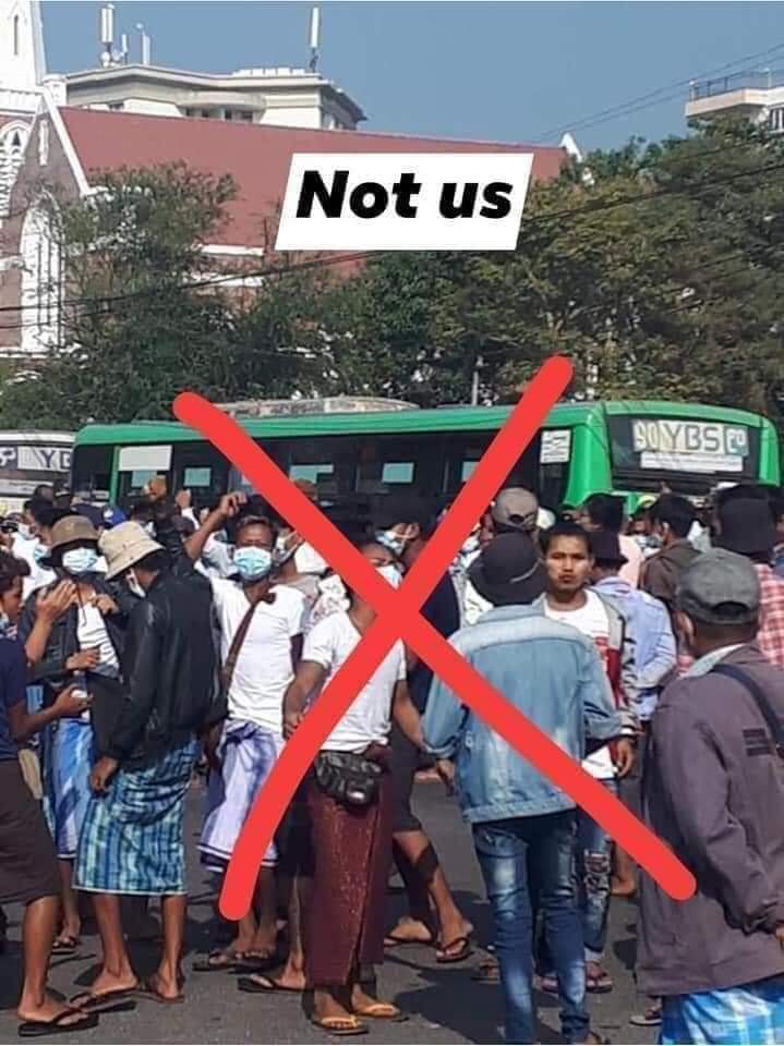Myanmar Military Juntas hired them with 5,000 Ks per day for a person to create VIOLATION against Myanmar Police Force and to deceive UN and the world that Burmese people do so..

Remember we never violate. We protest peacefully. If you see Violation, it's not us.