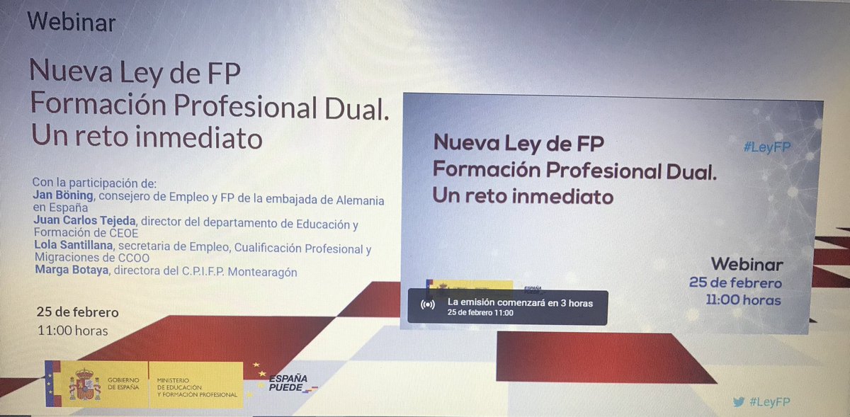 Lola_Santillana's tweet photo. 📅 Agenda #25febr
💻En Webinar ‘Nueva #LeyFP. Formación Profesional Dual. Un reto inmediato’ organizada por @educaciongob
🔘Con Alan Böning, Consejero Empleo- FP de embajada alemana; J.C. Tejeda @CEOE_ES y Marta Botaya @cpifpmontearago
⏰11:00 h.
📲 https://t.co/Yaeo22mhTc https://t.co/BmWyUNSn7P