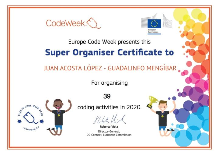 PuntosVuela's tweet photo. ¡Qué alegría! Europa reconoce a @CGmengibar #Jaén como "Superorganizador"💪por impulsar la #programación y #robótica entre +de 300 jóvenes de la comarca ¡Enhorabuena! 👏 Alimentando sin parar mentes curiosas #vocacionestecnológicas y #STEM #Vidadigital 
https://t.co/4u2rDBnOkh https://t.co/ZXkHyOmMlD