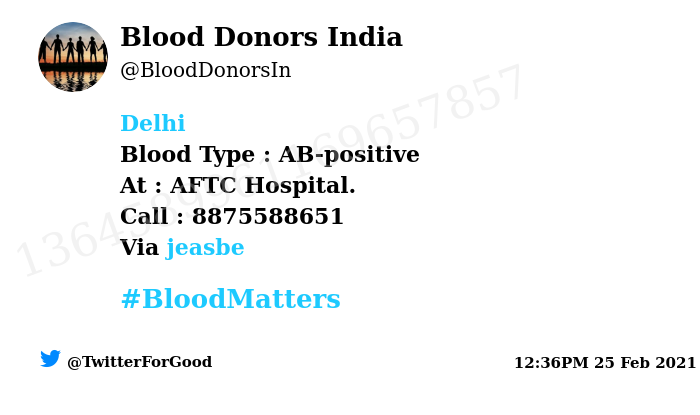 BloodDonorsIn's tweet photo. #Delhi
Need #Blood Type :  AB-positive
At : AFTC Hospital. 
Blood Component : Blood
Number of Units : 2
Primary Number : 8875588651
Via: @jeasbe
#BloodMatters
Powered by Twitter https://t.co/I8bT7AHiCA