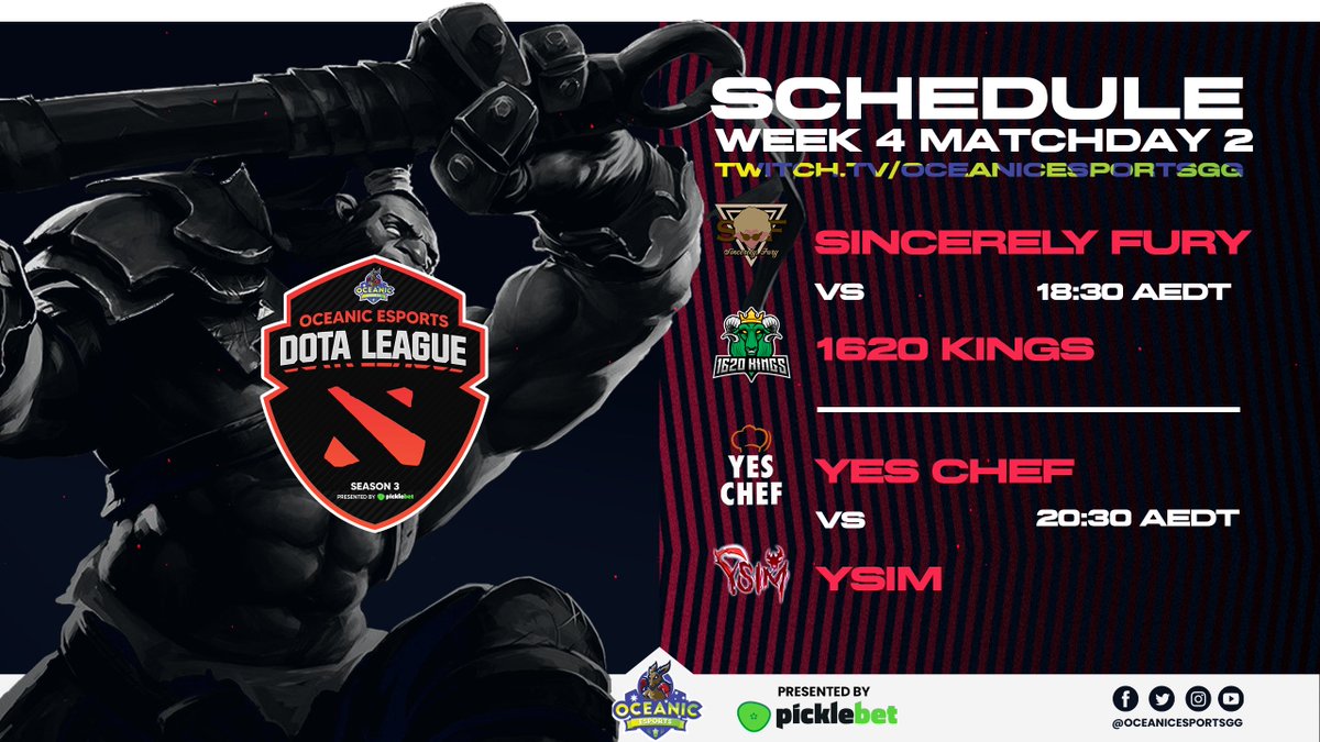 OceanicEsportGG's tweet photo. Thursday night #OEDL begins now! 
🔴📺 https://t.co/AP7EBGgQdF

🕡 @SincerelyFury vs @1620Kings
🕣 #YesChef vs #YSIM

🗣️🎙️ @Basskip @GodotAU 

#dota2 #ANZ #esports #Picklebet https://t.co/fe8HmTwWce