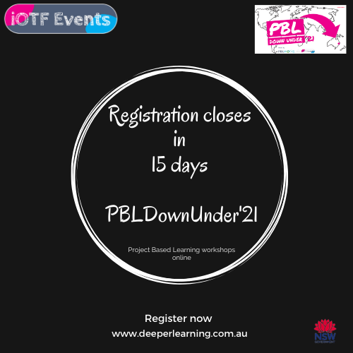 Registration closes March 12 for #PBLDownUnder'21
15 days to go! 
This April, online with <a href="/PBLWorks/">PBLWorks</a> National Faculty.
Don't miss out on a 3-day PBL101 | PBL201 or PBL Leadership workshop. #PBL #PBLchat #AussiePBL