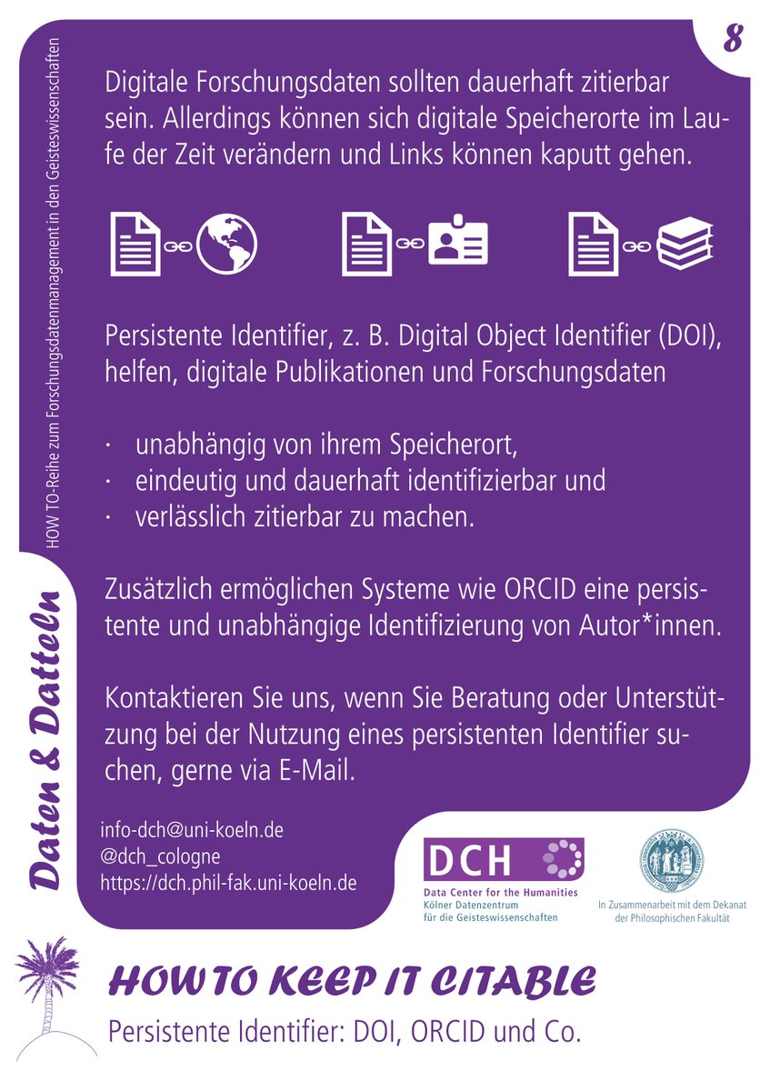 dch_cologne's tweet image. Wir machen das Set voll und schließen die zweite Runde unserer #FDM-Reihe „Daten &amp;amp; Datteln digital“ @UniCologne mit dem Thema #PersistentIdentifier, darunter #DigitalObjectIdentifier (DOI) und #ORCID/@ORCID_Org. Alle Karten gibt es mit weiteren Infos hier: dch.phil-fak.uni-koeln.de/daten-und-datt…