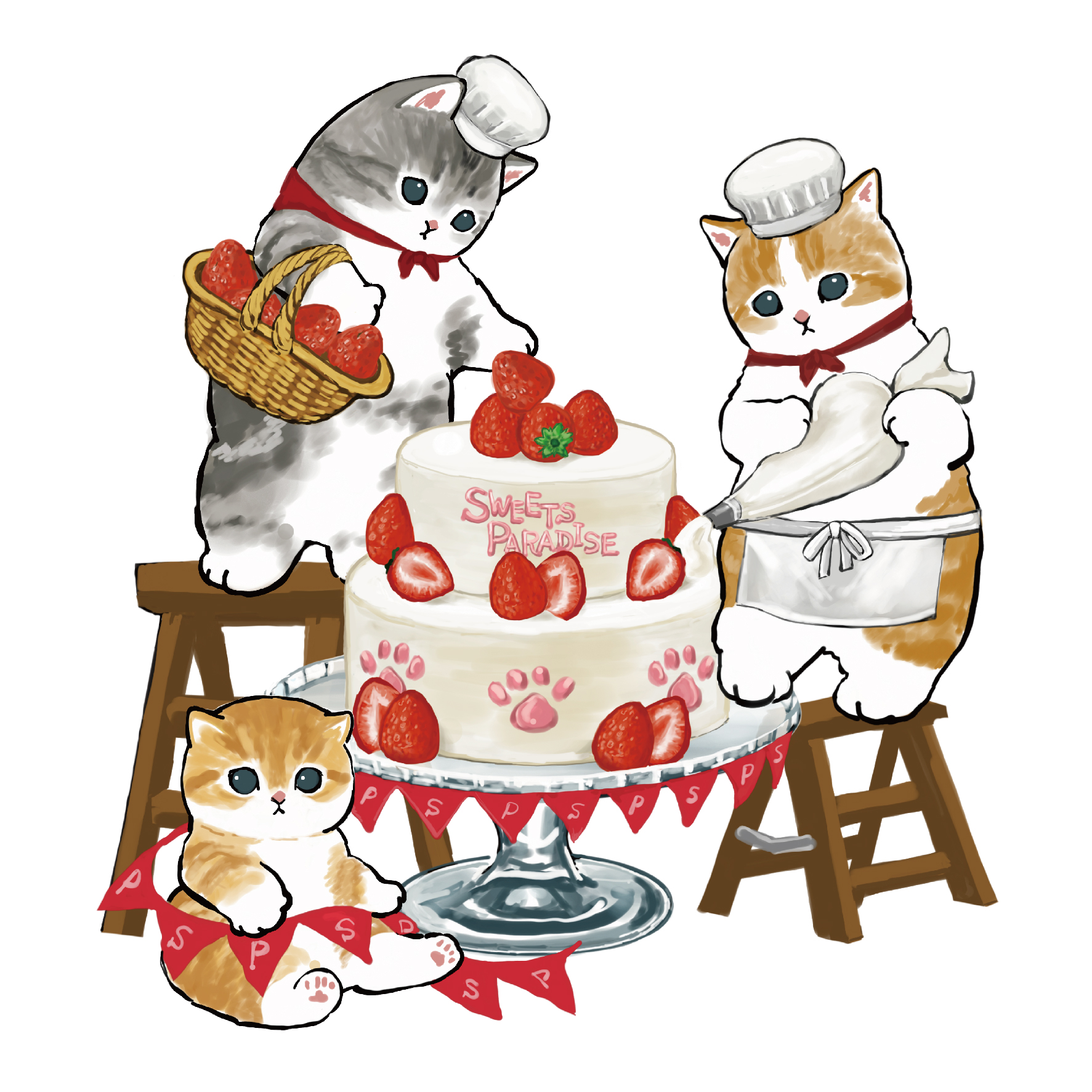 スイーツパラダイス公式 スイパラ スイーツパラにゃんス イラスト紹介 ぢゅのさん Mofu Sand に描いていただいたイラストを紹介その おっきないちごのケーキを作るニャンコ達 クリーム絞って いちごをのせて 1匹遊んでいる子が
