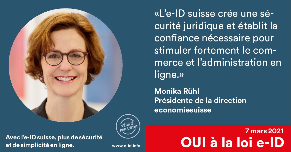 economie_suisse's tweet photo. Monika Rühl, Présidente de la direction @economiesuisse: "L'e-ID suisse crée une sécurité juridique et établit la confiance nécessaire pour stimuler fortement le commerce et l'administration en ligne" #eIDoui #eID #CHvote 
@E_ID_Info https://t.co/u881Nqig0H