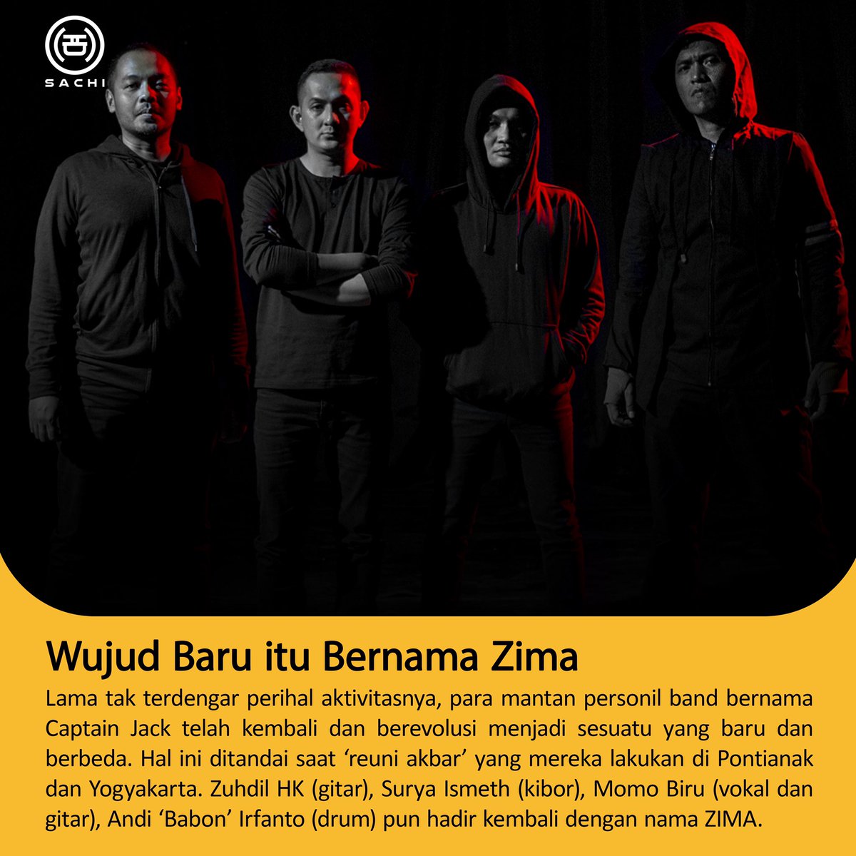 sachiasia's tweet photo. Zima adalah wujud terbaru dari Captain Jack. Band ini memulai geliatnya saat 'reuni akbar' di Pontianak dan Yogyakarta beberapa waktu lalu.

Sebagai perkenalan ke khalayak luas, band ini melepas "Sisi Gelap" yang bercerita soal fenomena sosia yang kerap di lingkungan sekitar. https://t.co/wOJLZBYbgM