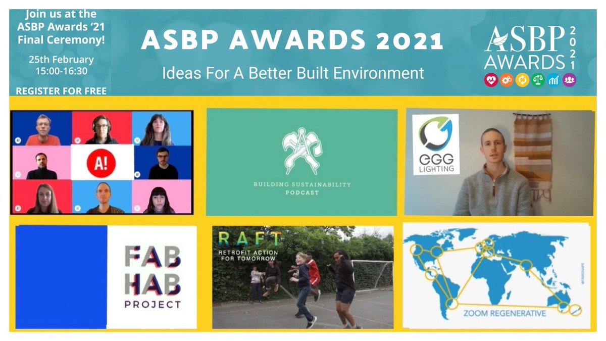 Today at 15:00 - it’s the finals of the 2021 #ASBPawards!

We’re looking at ideas for a better built environment - with 6 great finalists pitching to win the judges’ votes.

Join us online to vote for your favourite in The People’s Choice.

Register here eventbrite.co.uk/e/asbp-awards-…