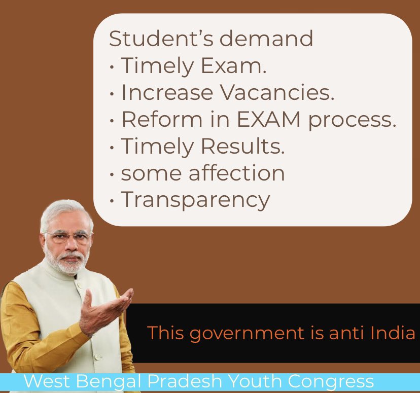 #modi_job_do #modi_rojgar_do
Student's demand
• Timely Exam.
• Increase Vacancies.
• Reform in EXAM process.
• Timely Results.
• some affection 
• Transparency