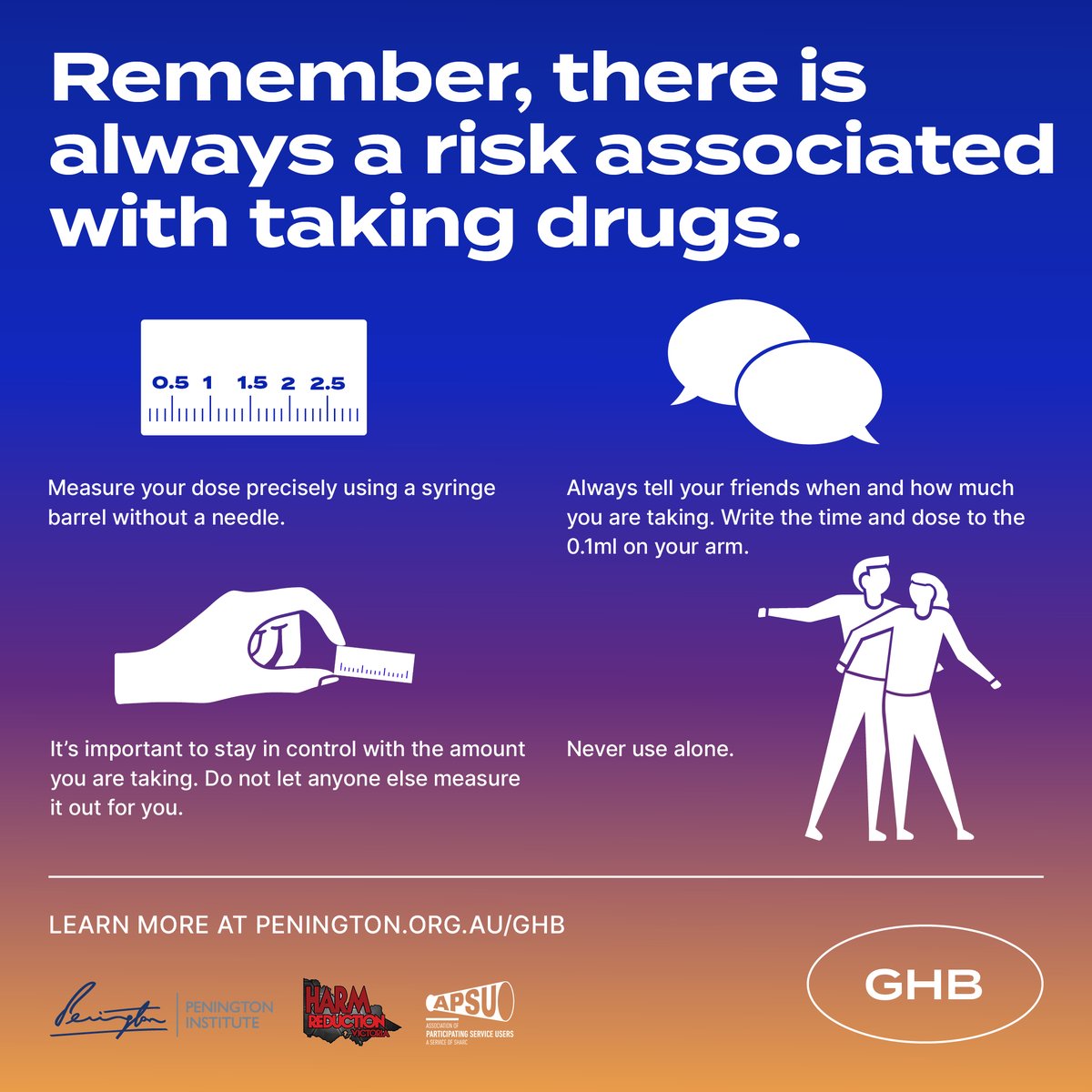 How much do you know about the risks associated with taking GHB?

There is always more to learn.

Find out more with our new, evidence-based educational resources:

penington.org.au/resources/ghb/