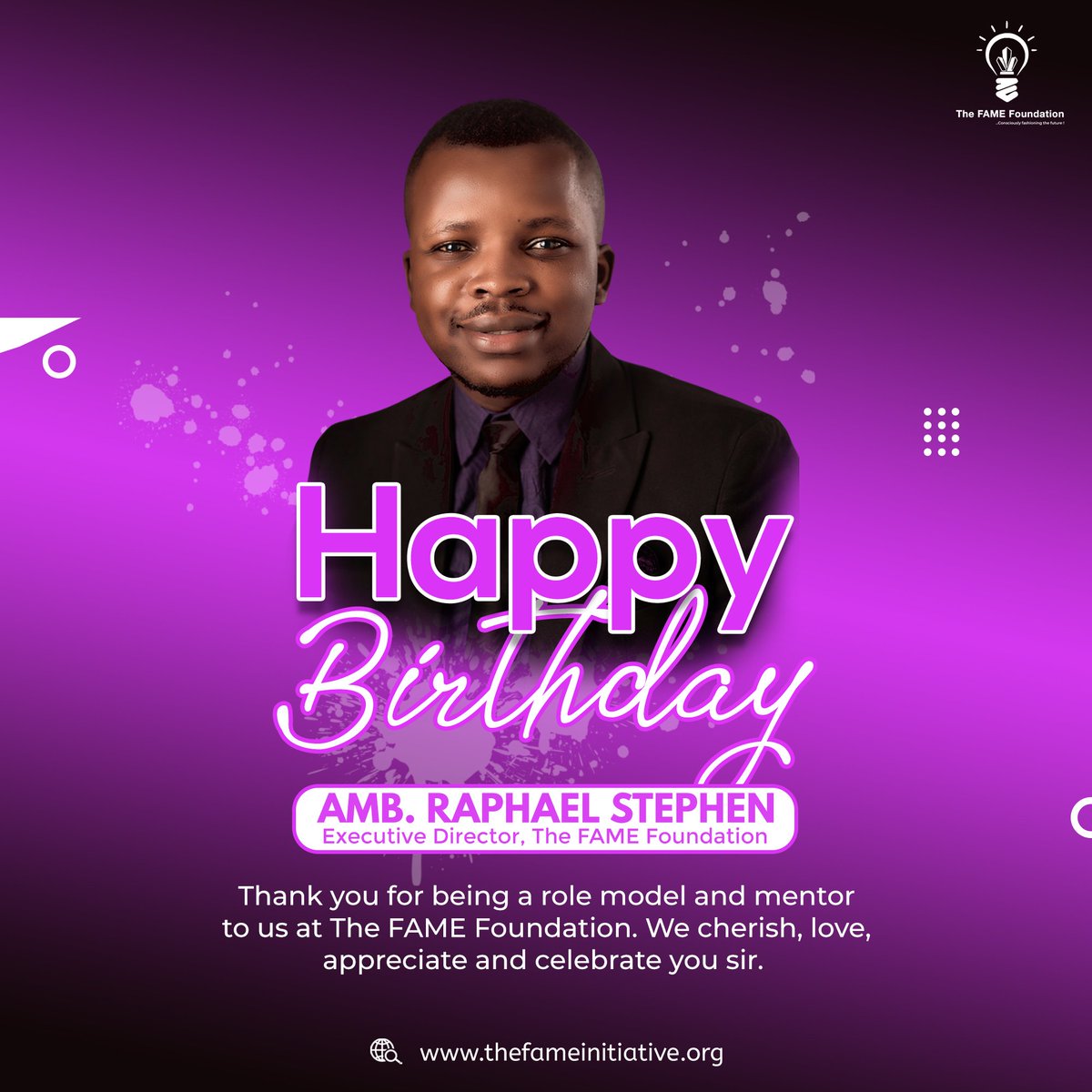 thefamefdn's tweet photo. Today we are celebrating a phenomenal icon of leadership, a man of uncommon grit, our Executive Director, @theraphstephen!

Thank you for refusing to unsee what you have seen about Nigeria, and being a shining light to thousands of lives!

Happy Birthday Sir! https://t.co/9aTmbLreIA