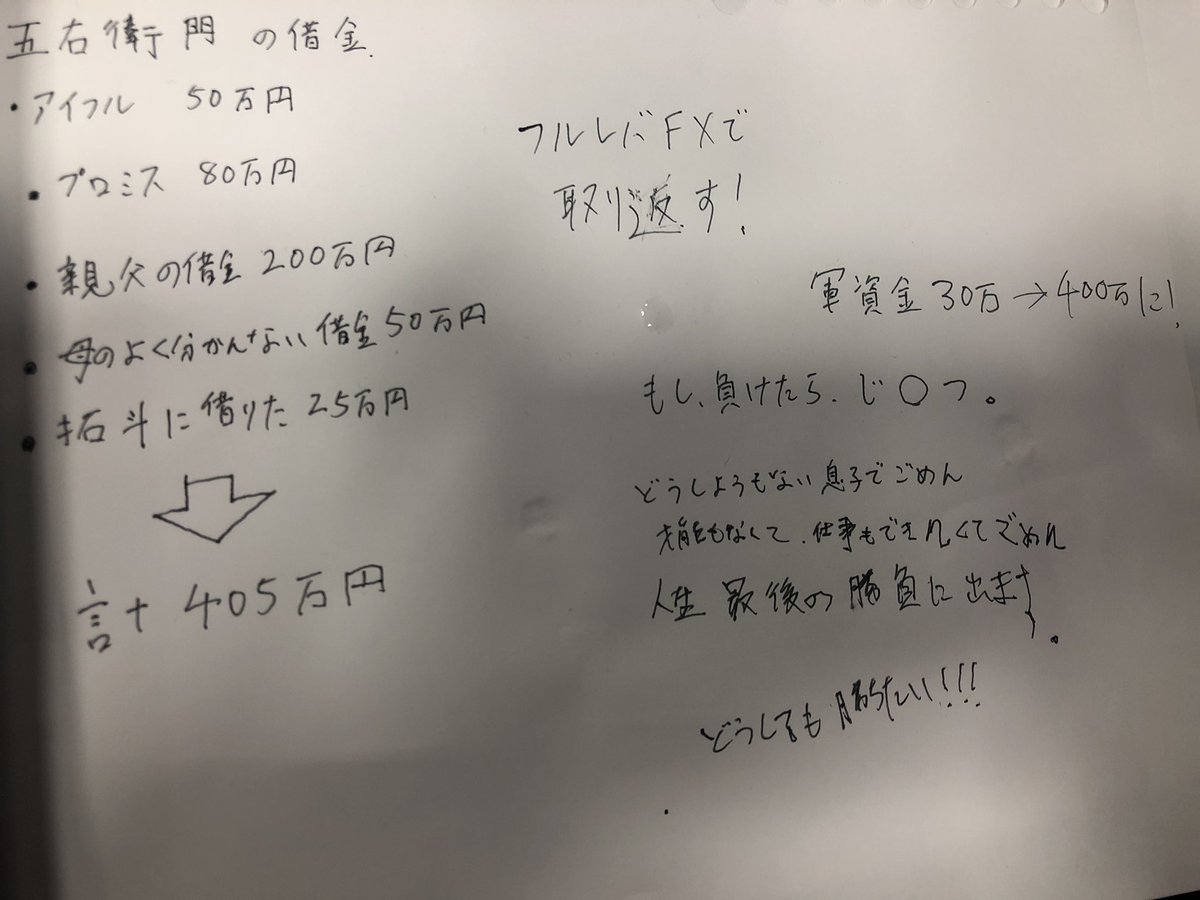 FXGoemonn's tweet image. 家賃2ヶ月分は口座にある

それとは別にFX軍資金30万

そしてこれが俺の借金だ

2ヶ月以内にプラスにしないと
ゲームオーバー

これより負ければ即人生終了のハイレバ勝負を開始する