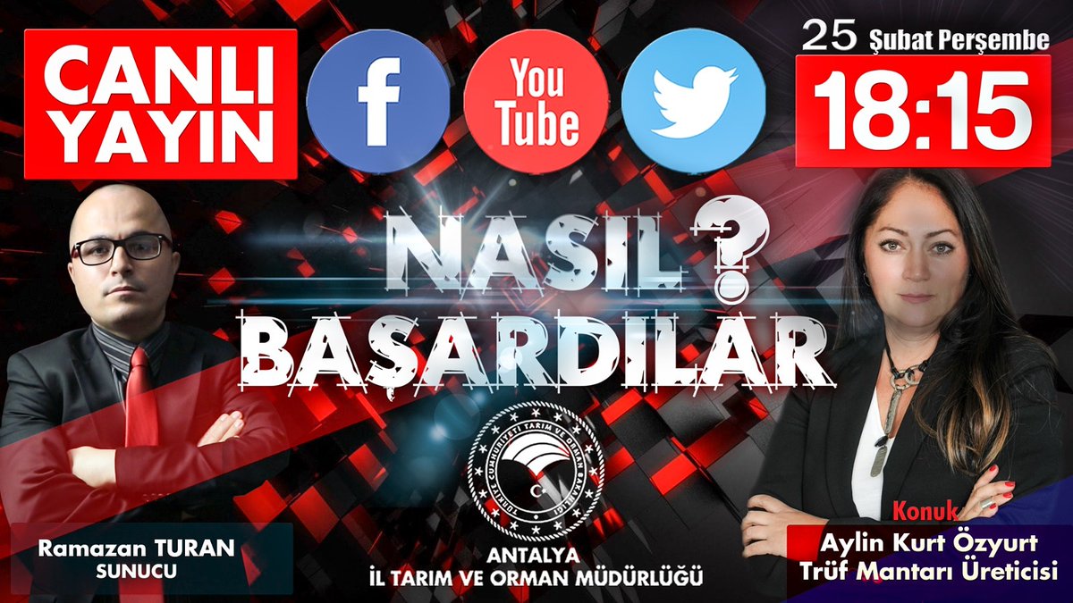 #NASIL BAŞARDILAR❓ programında⏰18.15'te #twitter
#facebook ve #youtube üzerinden canlı yayında #TrüfMantarı Üreticisi Kadın Girişimci Aylin Kurt Özyurt'un başarı hikayesini konuşacağız. <a href="/bekirpakdemirli/">Dr. Bekir Pakdemirli</a> <a href="/ersinyazici1/">Ersin YAZICI</a> <a href="/gokhankaraca_/">Gökhan Karaca</a> 
👇👇👇
youtu.be/dwkMI8PGXMY