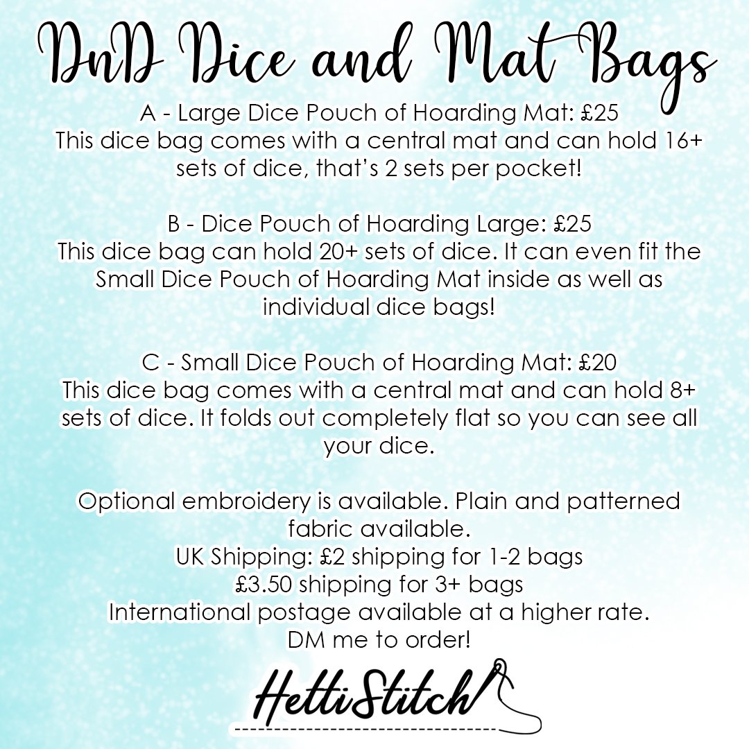 Dice Bags and Dice Mat Prices! DM to pre-order!
#dungeonsanddragons #DnD #UKCraftersHour #dndart #SmallBusiness