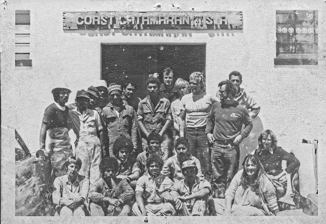 Happy birthday to Geoff Fish, The Oom's long time 2IC at his surfboard &amp; Hobie Cat factories, pictured here centre right with Johnny Paarman &amp; the crew from 'The Cattery' in Harrington str circa late 1970s/early 80s. Many happy returns Geoff! #hobiecat #surfhistory #followtheoom