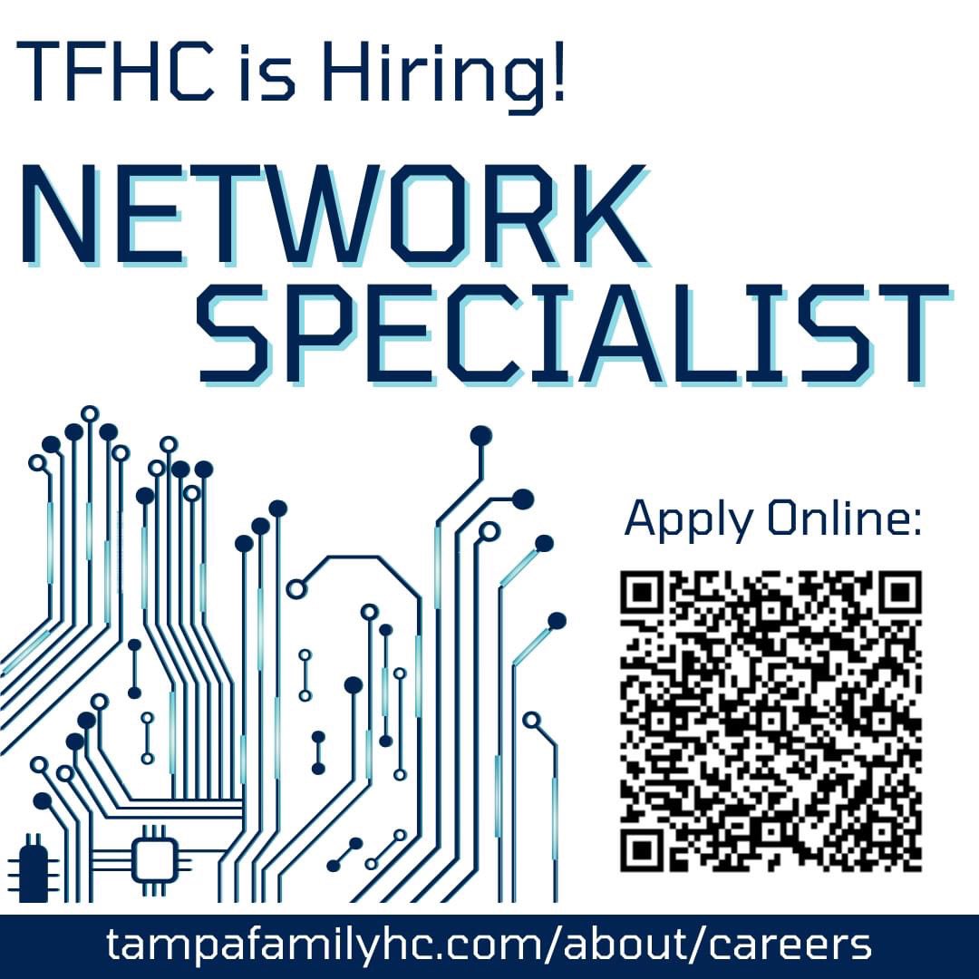 tampafamhealth's tweet photo. #TFHC is hiring for a Network Specialist to join our #IT Department! Interested in joining a fast-paced environment and making a difference in your community? Visit https://t.co/2zNy4Y6pMR to learn more and apply now! https://t.co/l0B1UjHWBz