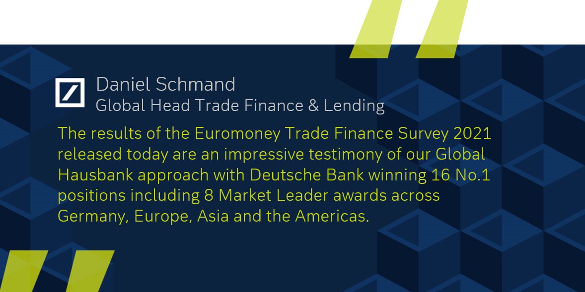 @DeutscheBank wins 16 No.1 positions in #Euromoney Trade Finance Survey 2021. For more, read here: corporates.db.com/more/latest-ne… #TradeFinance #Awards #GlobalHausBank
