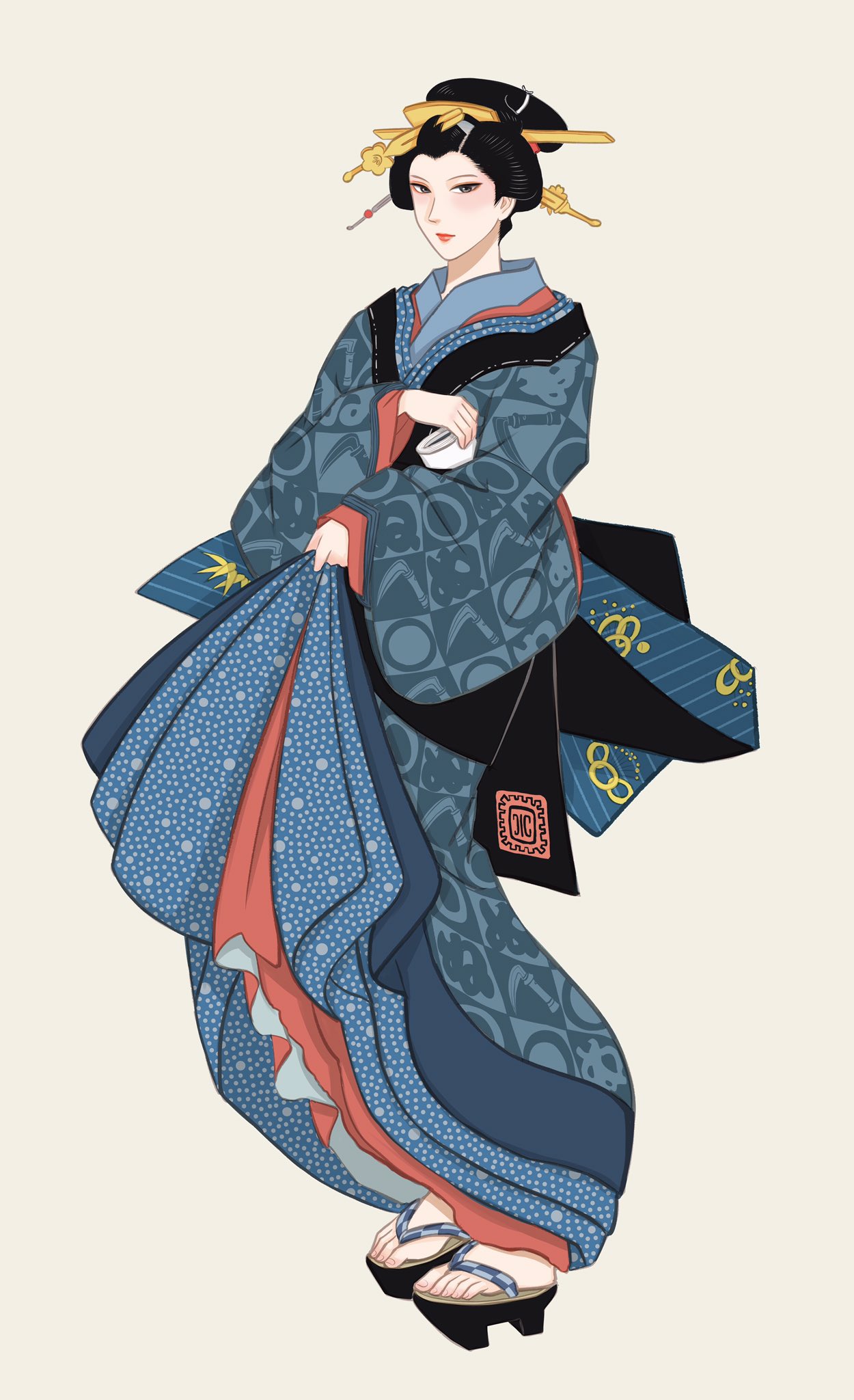 撫子凛 新刊執筆中 立ち姿が粋な芸者さん 着物は 七代目団十郎が人気に火をつけて以来江戸っ子に大人気ご存知 鎌 ぬ かまわぬ 柄 加えて中着の大小霰の小紋が目を惹きます 全体的に青系で統一されていてクールなコーディネート 歌川国貞 本朝
