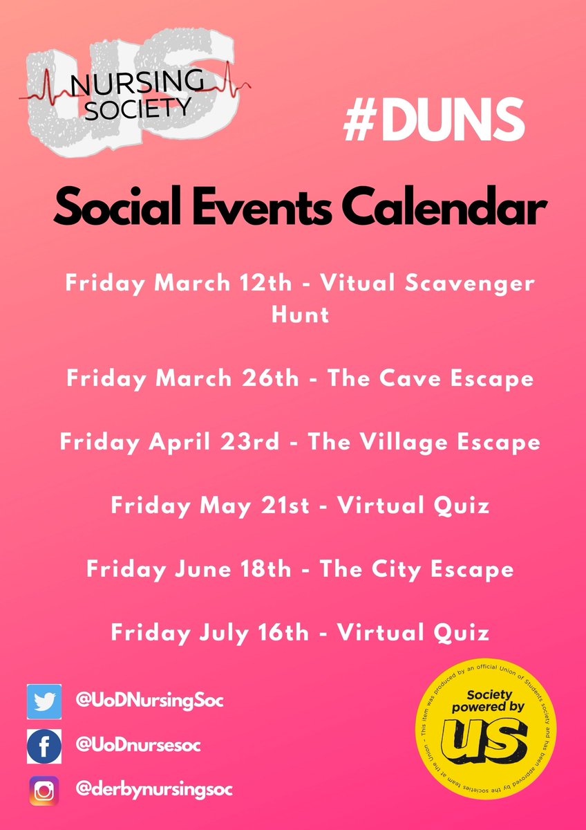 UoDNursingSoc's tweet photo. We're proud to launch our Social Events Calendar, a chance for us to connect every month virtually for some fun and laughter.

If you've not signed up to join us you can register here https://t.co/WNykFLv7uh

Creating spaces for student nurses

#DUNS https://t.co/WyHJgJE85u
