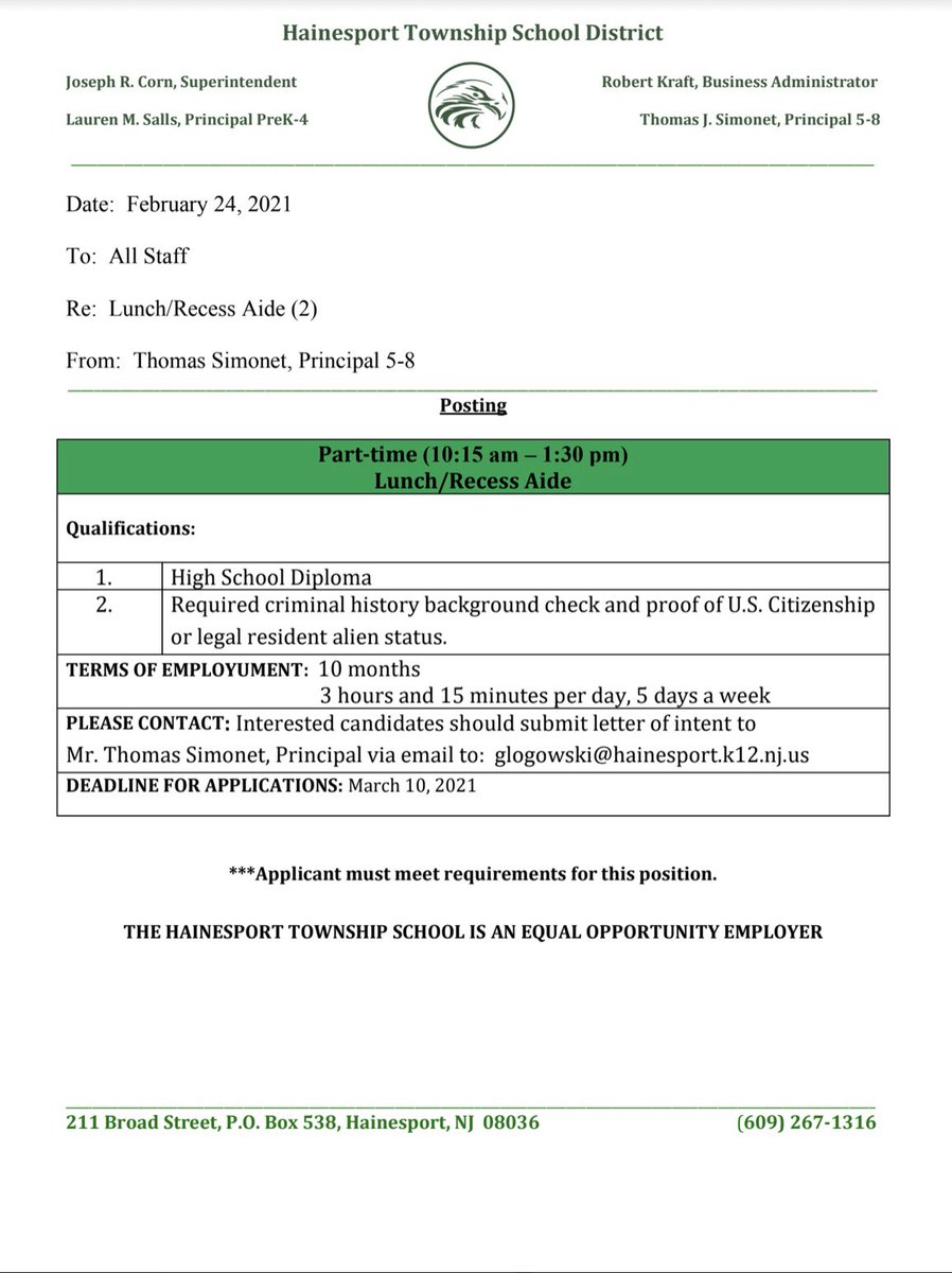 HTSD is looking to hire a part-time lunch/recess aide. Please see the information below!