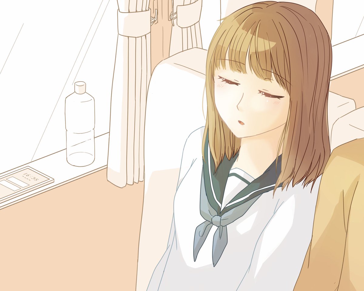 ツユリ 修学旅行のバス内で 殆ど話したことがない可愛い女子と 偶然隣になったら 寄りかかって眠られたお話 オリジナル 創作 イラスト 女子高生